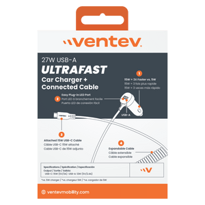 Ventev 27W ULTRAFAST Car Charger and USB-C Connected Cable by Ventev