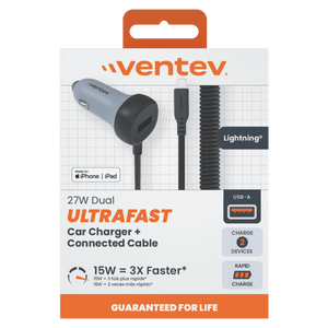 Ventev 27W ULTRAFAST Car Charger and Apple Lighting Connected Cable by Ventev