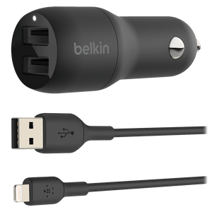 Belkin Boost Up Charge Dual Port USB A Car Charger 24W with Apple Lightning Cable 3ft by Belkin