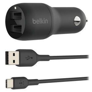 Belkin Dual Port USB A Car Charger 24W with USB A to USB C Cable 3ft by Belkin