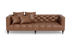Introducing the Ms. Chesterfield Leather Custom Sofa, a beautifully crafted brown leather tufted piece that includes two large and two small matching cushions. It features a deep seat and comes with black legs accented in gold for an elegant touch.