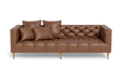 Introducing the Ms. Chesterfield Leather Custom Sofa, featuring a brown leather finish with a sophisticated tufted design and four matching cushions. This sofa boasts wooden legs and exudes a contemporary style, perfect for any modern living room.