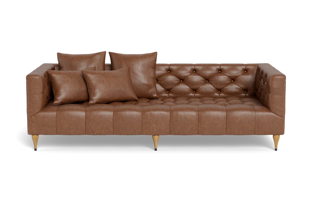 Introducing the Ms. Chesterfield Leather Custom Sofa, featuring a brown leather finish with a sophisticated tufted design and four matching cushions. This sofa boasts wooden legs and exudes a contemporary style, perfect for any modern living room.