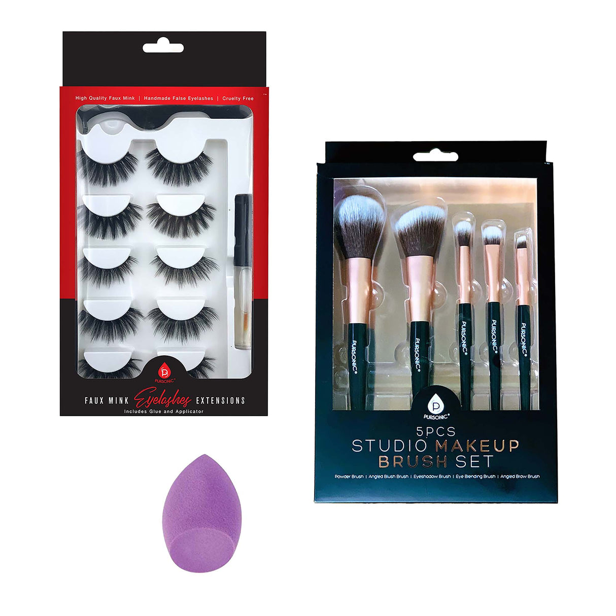 Pursonic Glam Essentials Bundle: 3D Faux Mink Lashes, Makeup Sponge & Brush Set by Pursonic