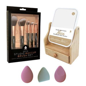 Pursonic Beauty Essentials Set – Studio Makeup Brush Set, Multi-Shape Sponges, and Dual-Sided Vanity Mirror with Bamboo Base by Pursonic