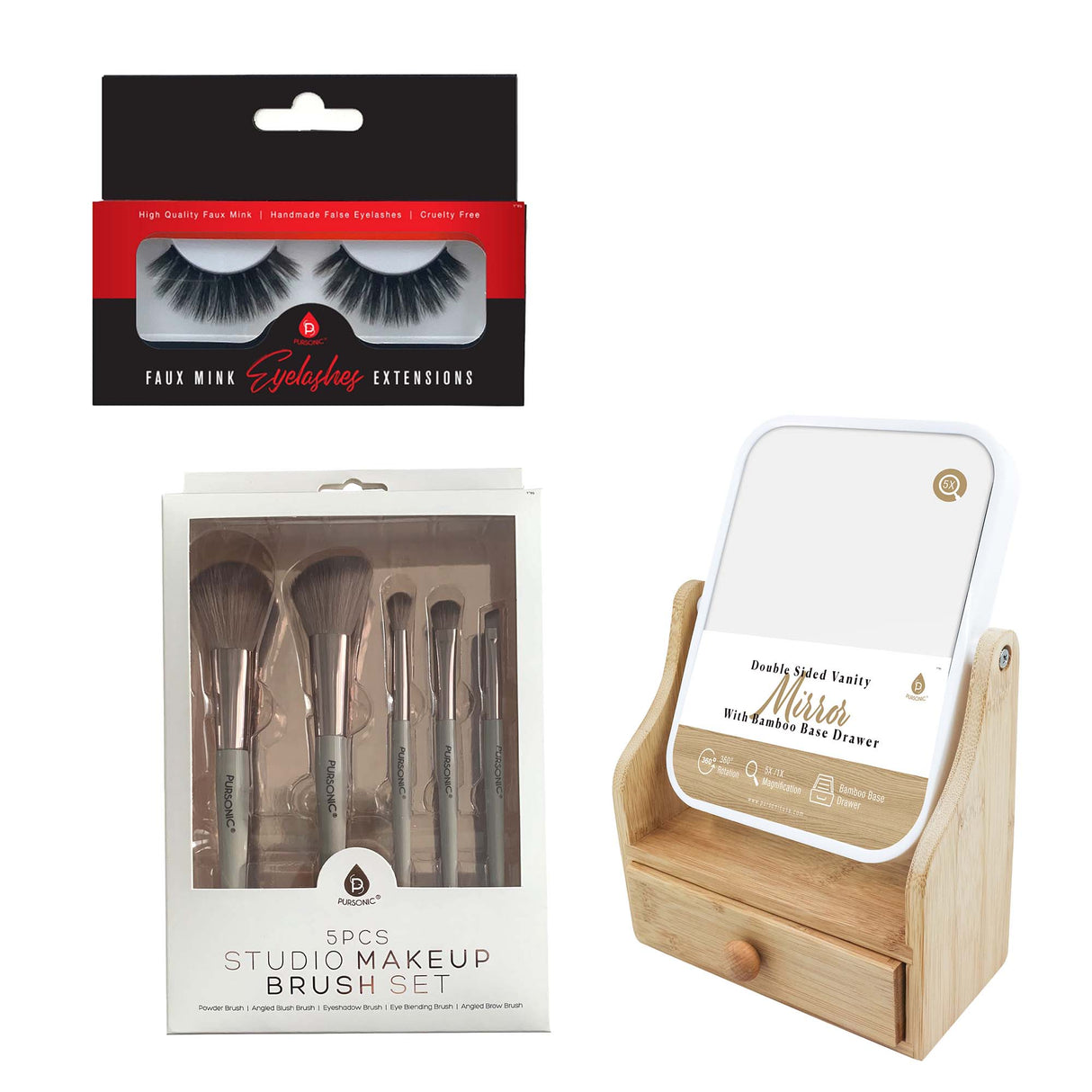 Pursonic Glamour Essentials Bundle: 5pc Studio Makeup Brush Set + False Eyelashes Extensions + Dual-Sided Vanity Mirror by Pursonic