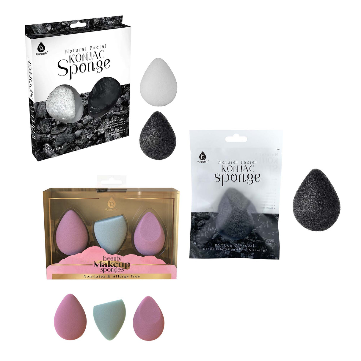 Pursonic Skin & Beauty Essentials Bundle – Konjac Sponge Duo, Bamboo Charcoal Konjac Sponge & 3-Pack Makeup Sponge Set by Pursonic