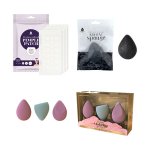 Pursonic Beauty Essentials Bundle – 3-Pack Multi-Shape Makeup Sponges + Natural Bamboo Charcoal Konjac Sponge + 120-Count Hydrocolloid Pimple Patch Set by Pursonic
