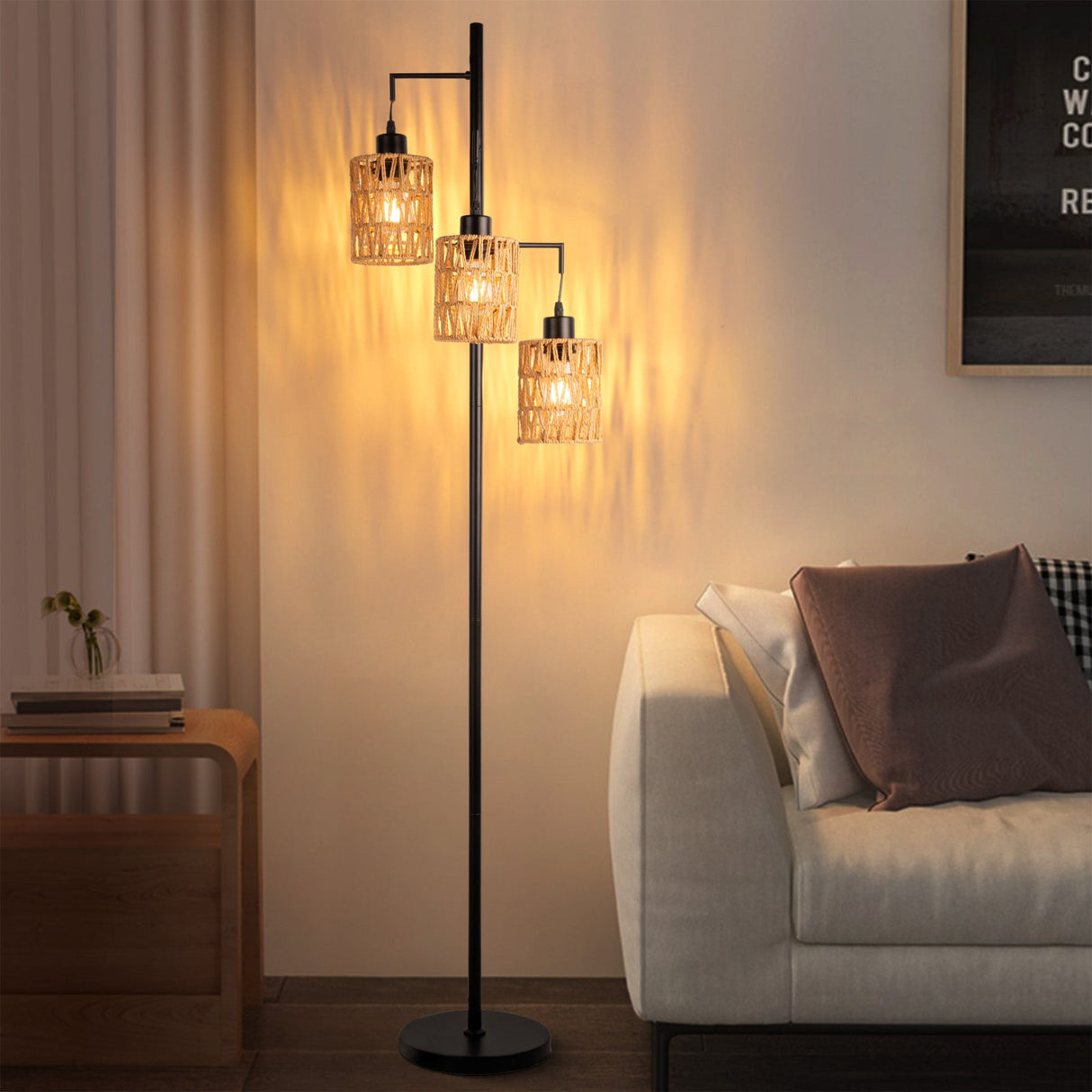 3-Head Boho Rattan Floor Lamp