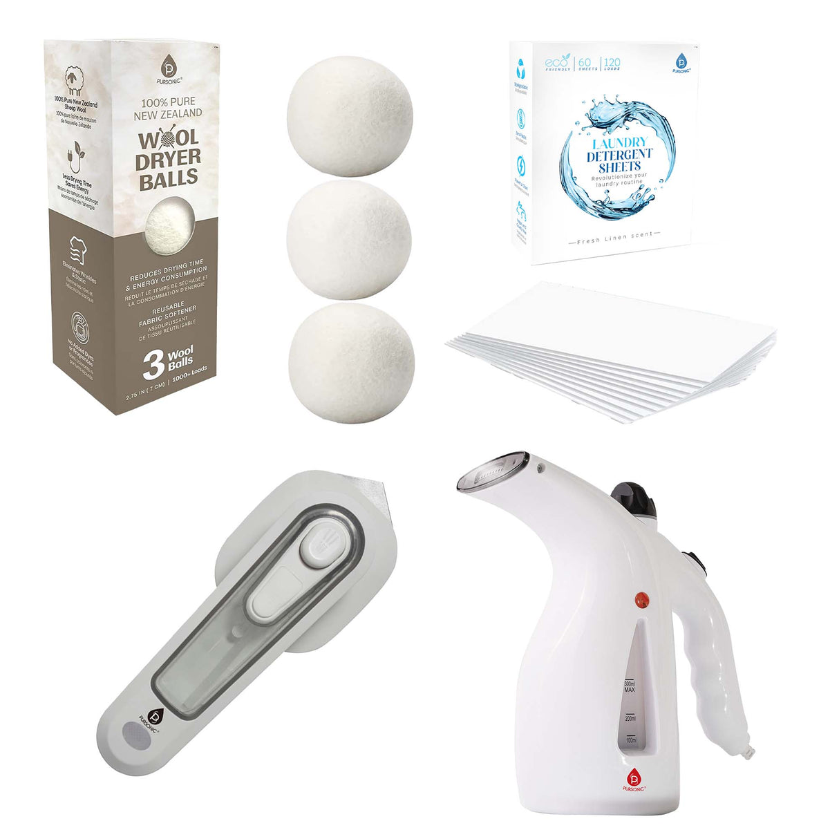 Travel Laundry Essentials Set: Garment Steamer, Mini Iron, Eco-Friendly Laundry Sheets, and Wool Dryer Balls by Pursonic