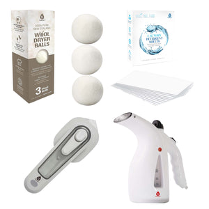 Travel Laundry Essentials Set: Garment Steamer, Mini Iron, Eco-Friendly Laundry Sheets, and Wool Dryer Balls by Pursonic