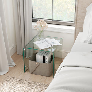 C-Shaped End Table Modern Tempered Glass Side Table with Shelf-Transparent