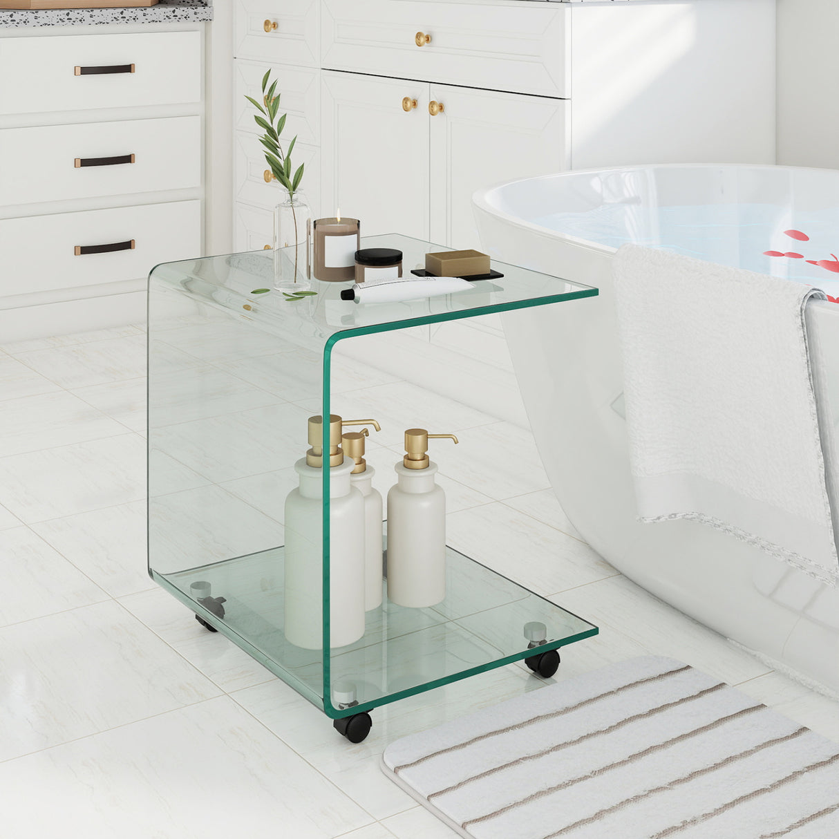 C-Shaped End Table Modern Tempered Glass Side Table with Shelf-Transparent