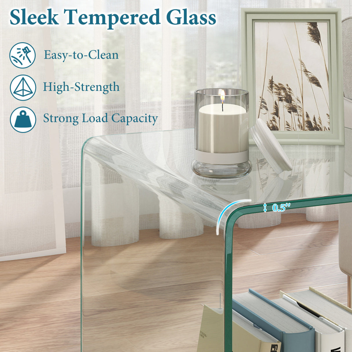 C-Shaped End Table Modern Tempered Glass Side Table with Shelf-Transparent