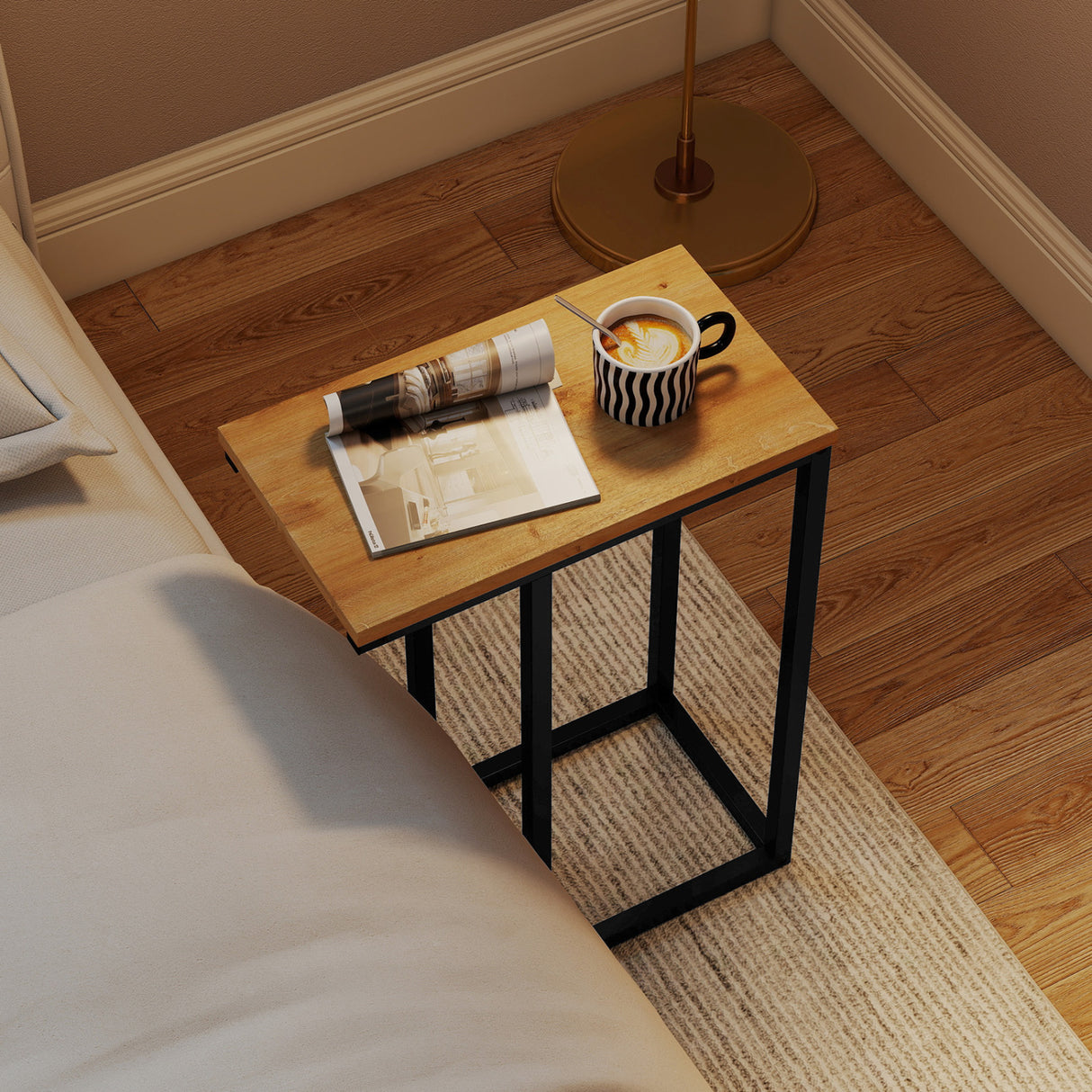 C-Shaped End Table Small Side Table with Sturdy Metal Frame-Natural