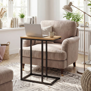 C-Shaped End Table Small Side Table with Sturdy Metal Frame-Natural