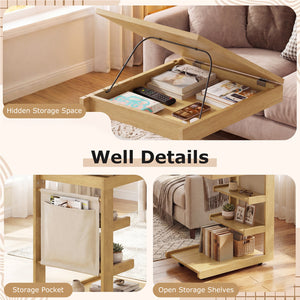 C-shaped End Table with Wheels and Adjustable Desktop for Sofa Couch Bedside-Natural