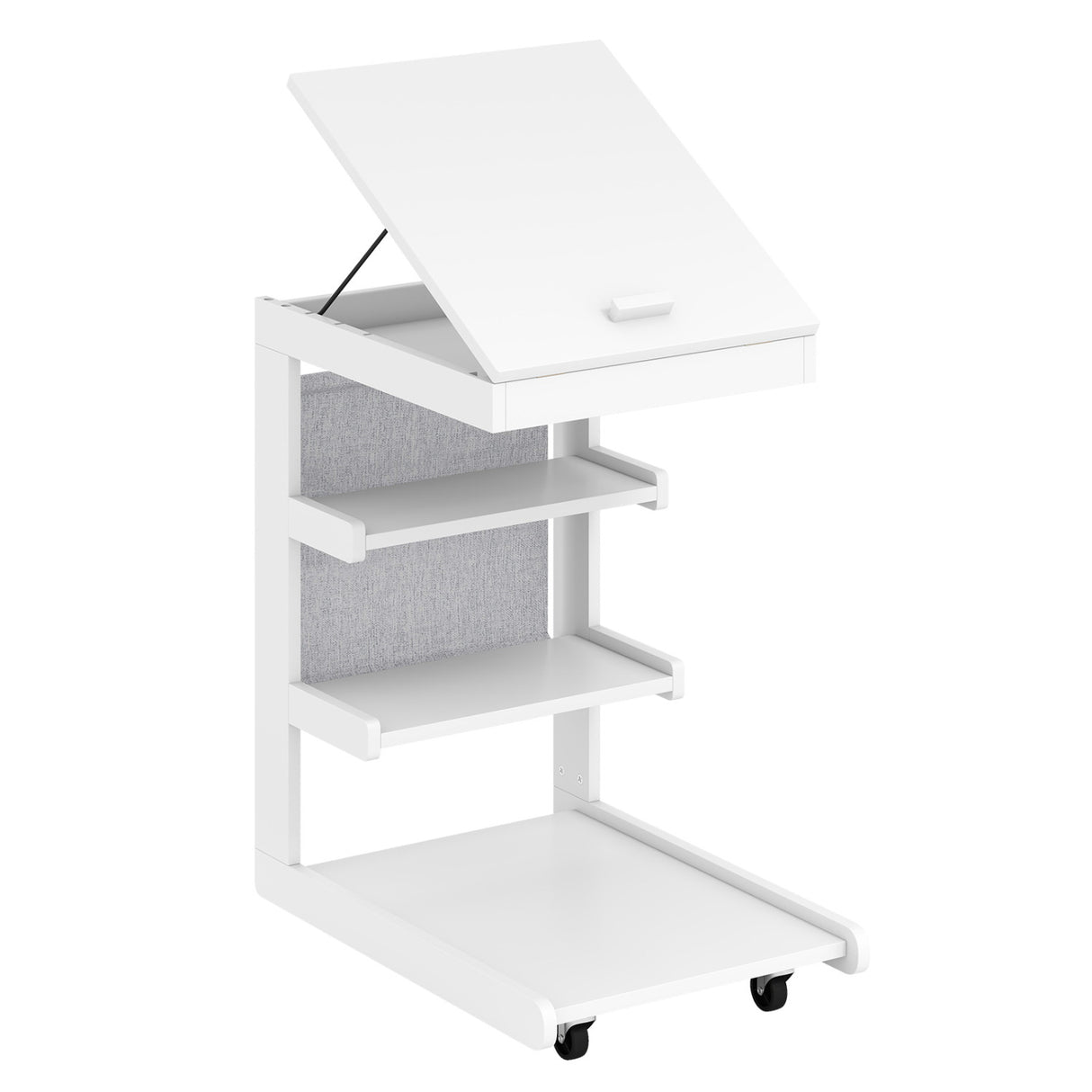 C-shaped End Table with Wheels and Adjustable Desktop for Sofa Couch Bedside-White