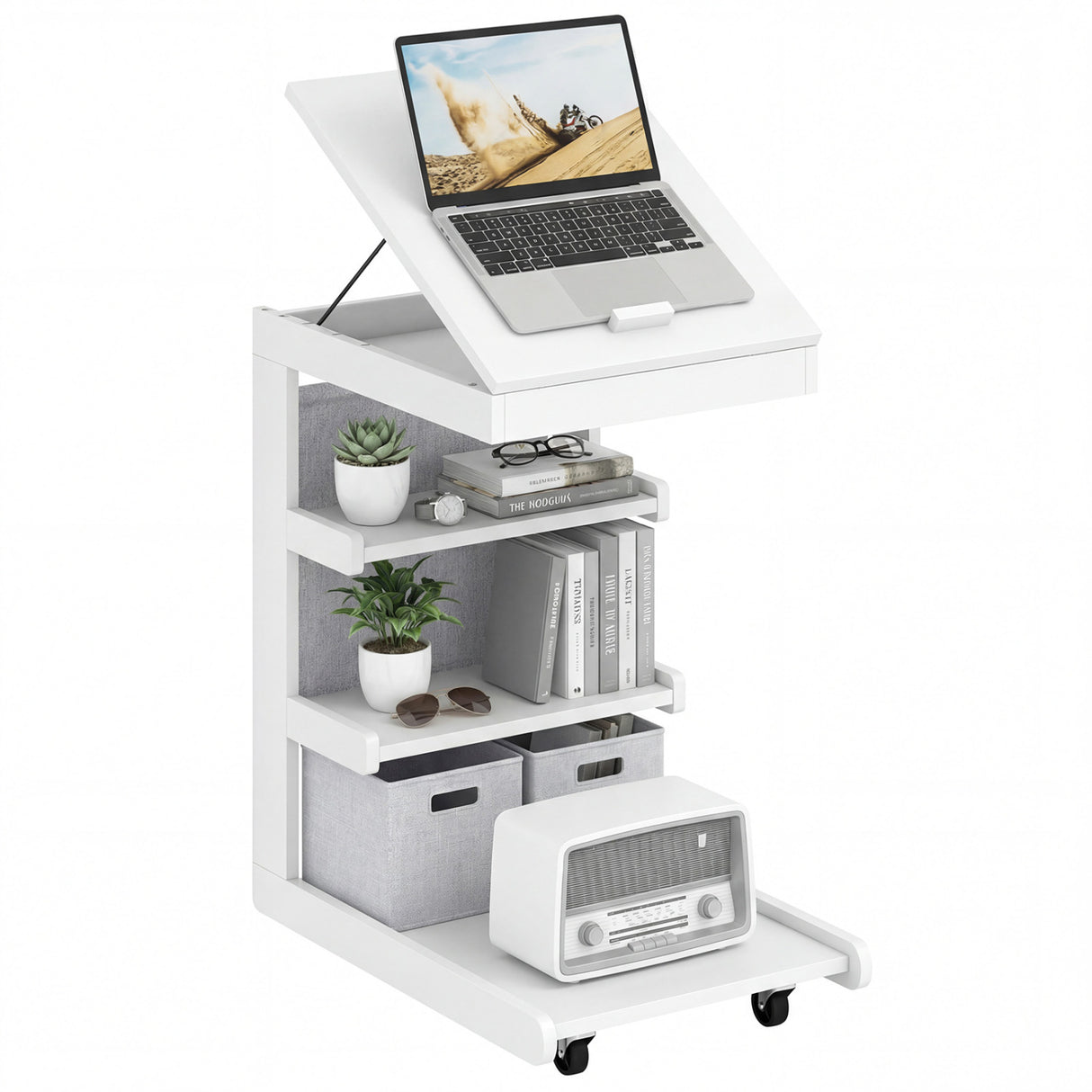 C-shaped End Table with Wheels and Adjustable Desktop for Sofa Couch Bedside-White