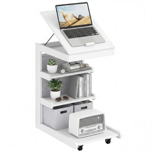 C-shaped End Table with Wheels and Adjustable Desktop for Sofa Couch Bedside-White