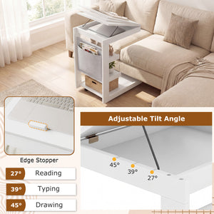 C-shaped End Table with Wheels and Adjustable Desktop for Sofa Couch Bedside-White