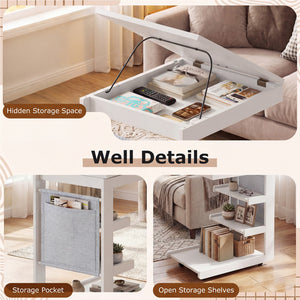C-shaped End Table with Wheels and Adjustable Desktop for Sofa Couch Bedside-White