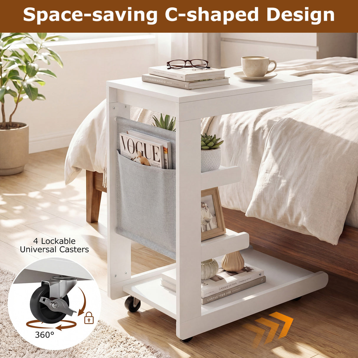 C-shaped End Table with Wheels and Adjustable Desktop for Sofa Couch Bedside-White