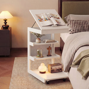 C-shaped End Table with Wheels and Adjustable Desktop for Sofa Couch Bedside-White