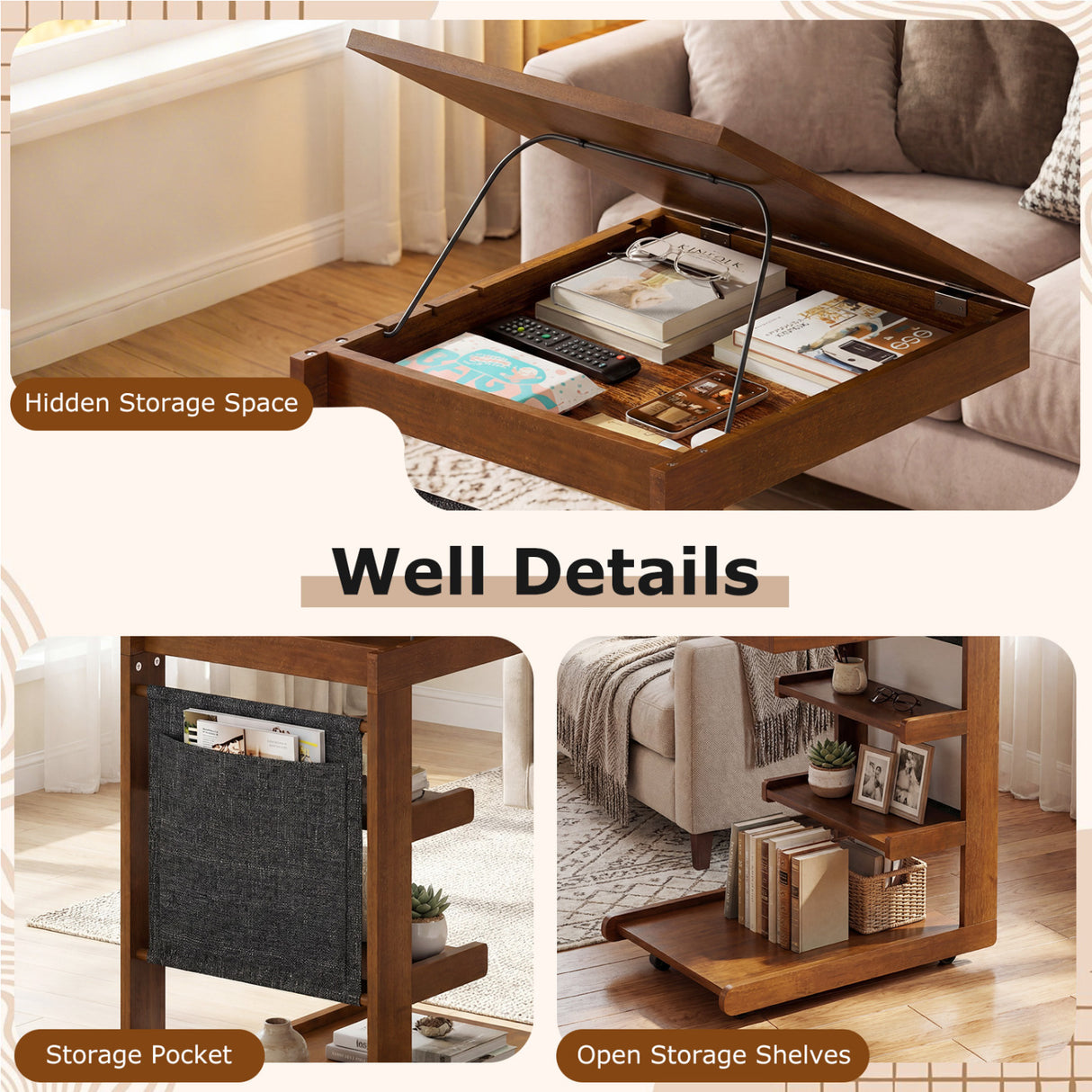 C-shaped End Table with Wheels and Adjustable Desktop for Sofa Couch Bedside-Brown