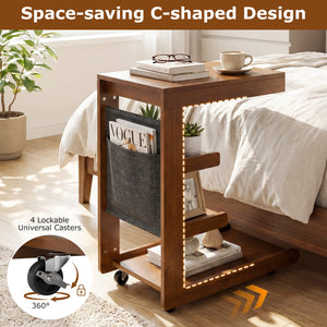C-shaped End Table with Wheels and Adjustable Desktop for Sofa Couch Bedside-Brown