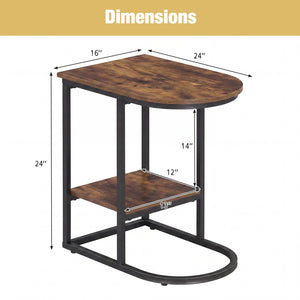 C-shaped Modern Sofa Side Table with Faux Marble Tabletop and Storage Shelf-Rustic Brown