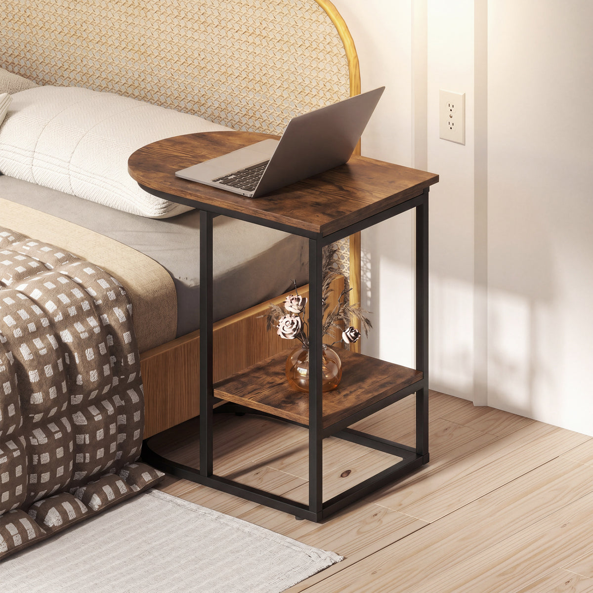 C-shaped Modern Sofa Side Table with Faux Marble Tabletop and Storage Shelf-Rustic Brown