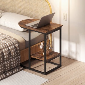 C-shaped Modern Sofa Side Table with Faux Marble Tabletop and Storage Shelf-Rustic Brown