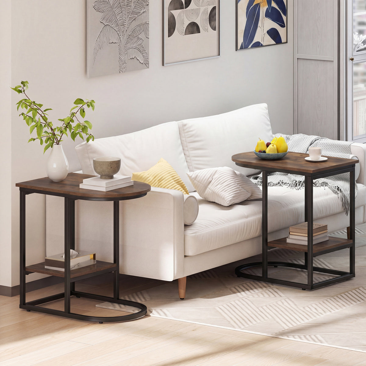 C-shaped Modern Sofa Side Table with Storage Shelf Faux and Marble Tabletop -Rustic Brown