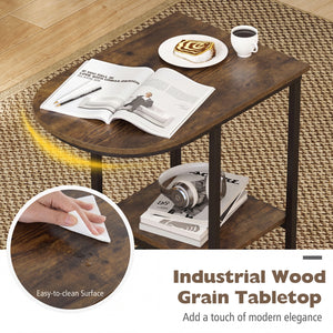 C-shaped Modern Sofa Side Table with Storage Shelf Faux and Marble Tabletop -Rustic Brown