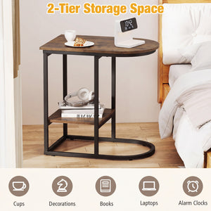 C-shaped Modern Sofa Side Table with Storage Shelf Faux and Marble Tabletop -Rustic Brown