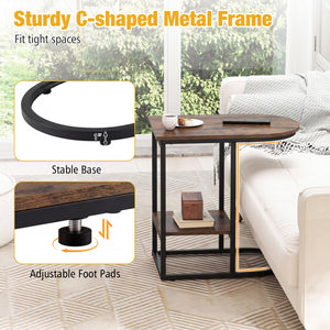 C-shaped Modern Sofa Side Table with Storage Shelf Faux and Marble Tabletop -Rustic Brown
