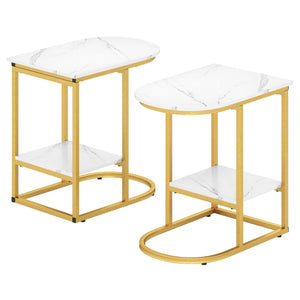C-shaped Modern Sofa Side Table with Storage Shelf Faux and Marble Tabletop-White