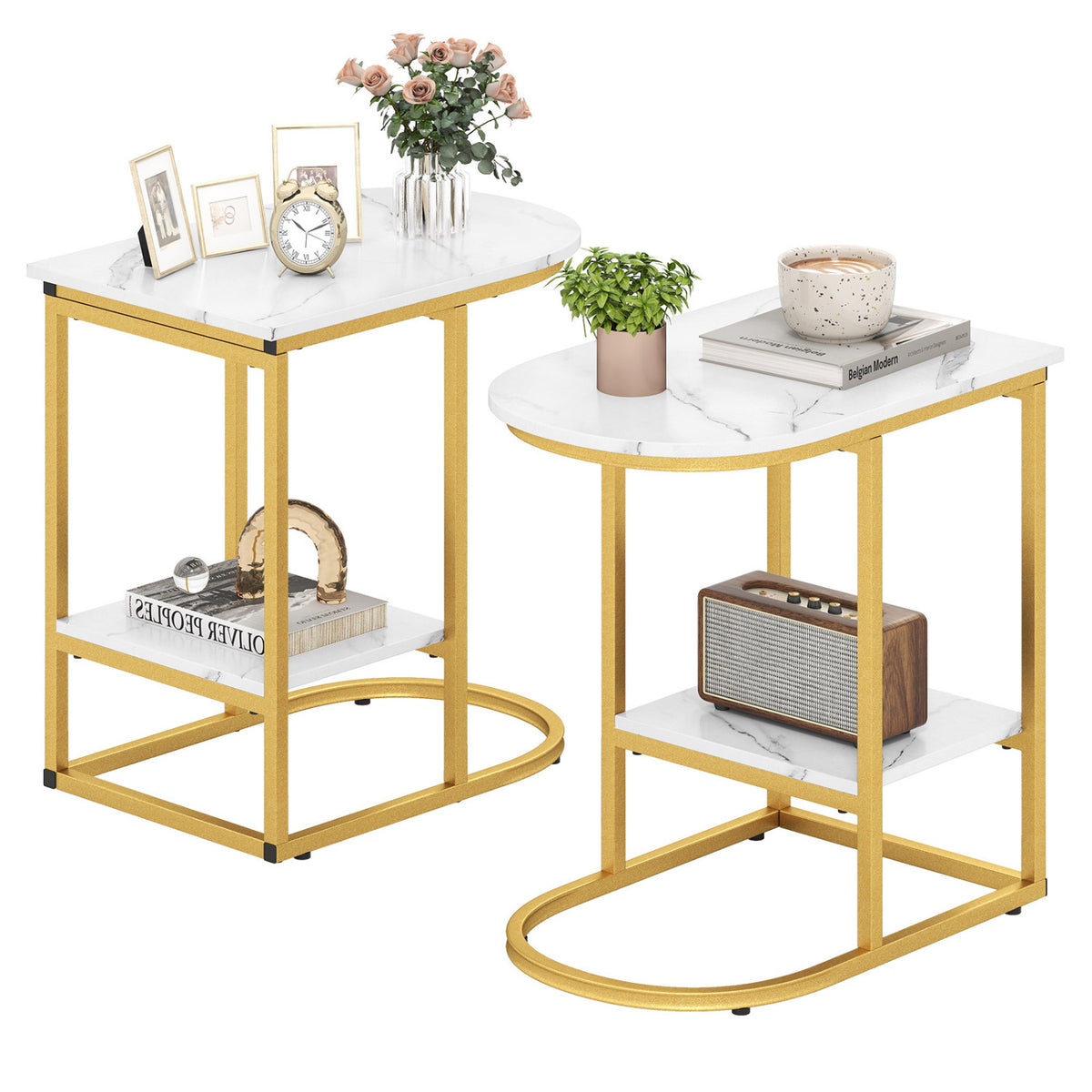 C-shaped Modern Sofa Side Table with Storage Shelf Faux and Marble Tabletop-White