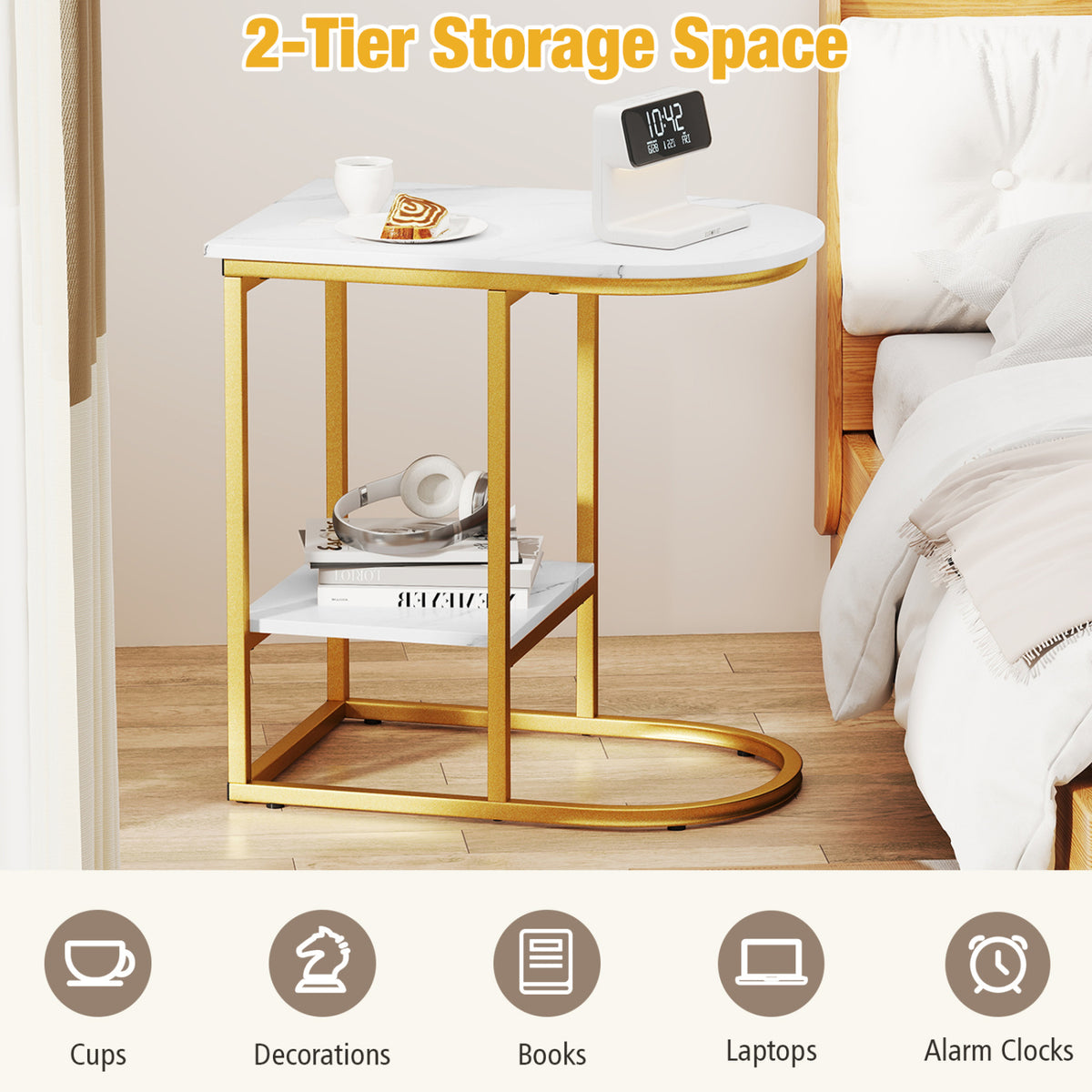 C-shaped Modern Sofa Side Table with Storage Shelf Faux and Marble Tabletop-White