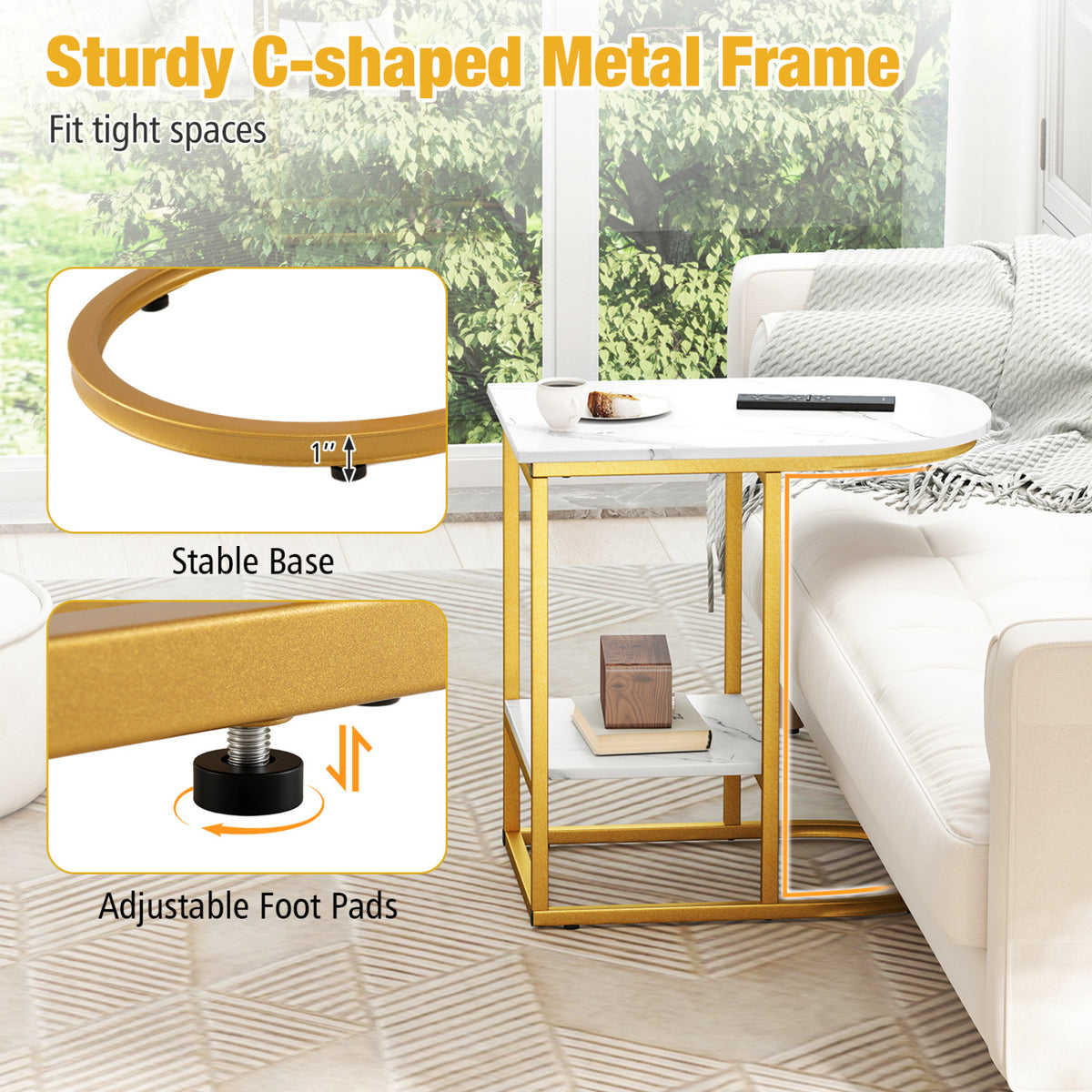 C-shaped Modern Sofa Side Table with Storage Shelf Faux and Marble Tabletop-White