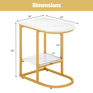 C-shaped Modern Sofa Side Table with Storage Shelf Faux and Marble Tabletop-White