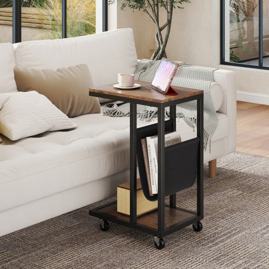 C-shaped Side Table with Canvas Storage Pouch and Metal Frame-Borwn