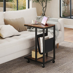 C-shaped Side Table with Canvas Storage Pouch and Metal Frame-Borwn