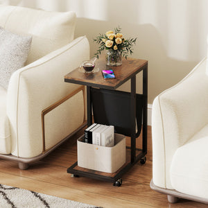 C-shaped Side Table with Canvas Storage Pouch and Metal Frame-Borwn