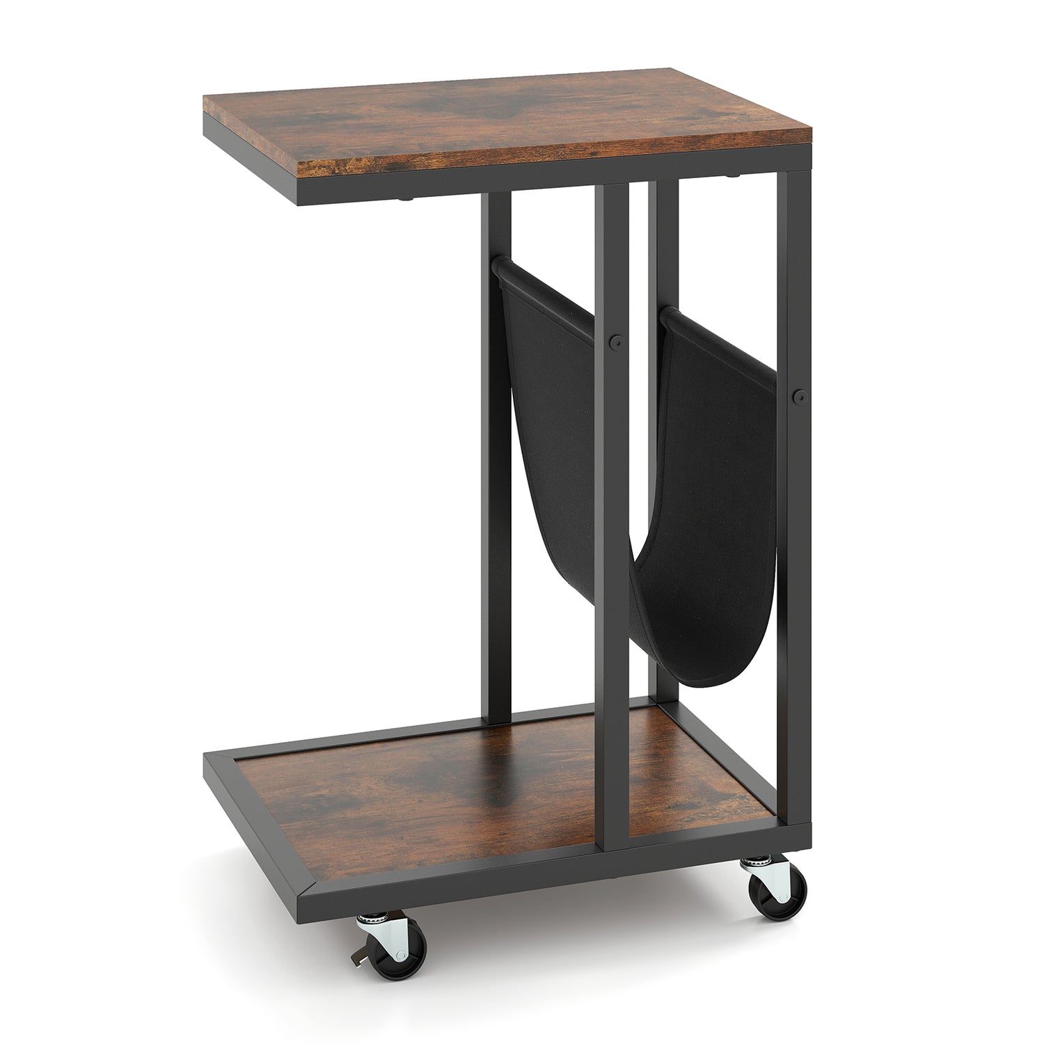 C-shaped Side Table with Canvas Storage Pouch and Metal Frame-Borwn