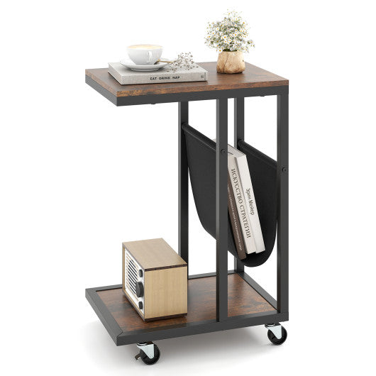 C-shaped Side Table with Canvas Storage Pouch and Metal Frame-Borwn