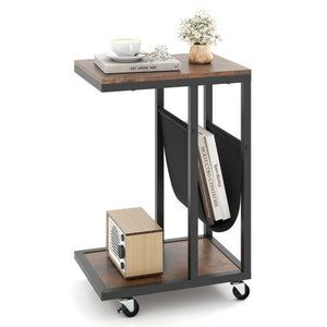 C-shaped Side Table with Canvas Storage Pouch and Metal Frame-Borwn