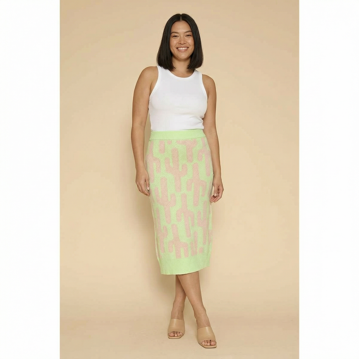 Cactus Knit Midi Skirt | Green Intarsia Cactus Sweater Skirt | Boho Desert Knit Skirt