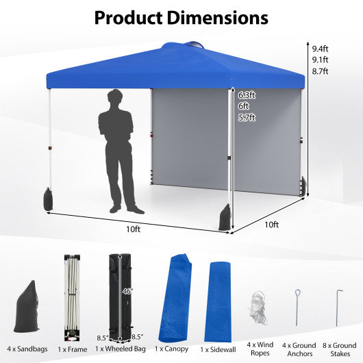 10 X 10 FT Pop up Canopy Tent with 1 Sidewall and Wheeled Bag-Blue